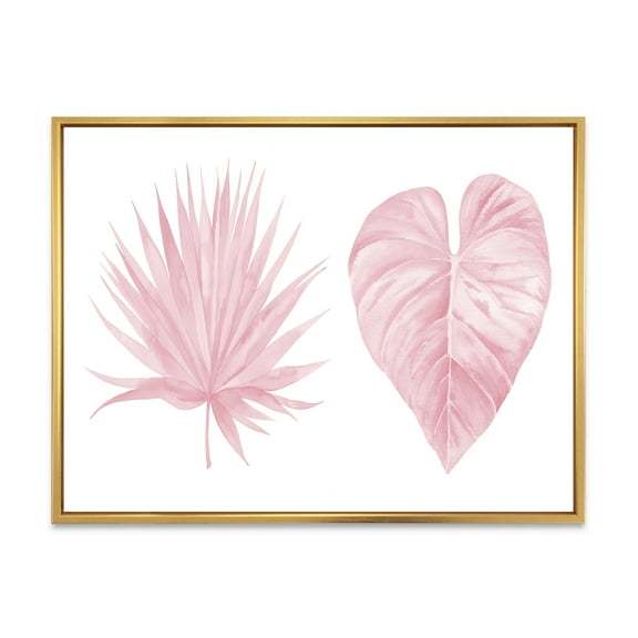 Designart 'Tropical Pink Watercolour Leaves On White II' Shabby Chic Framed Canvas Wall Art Print