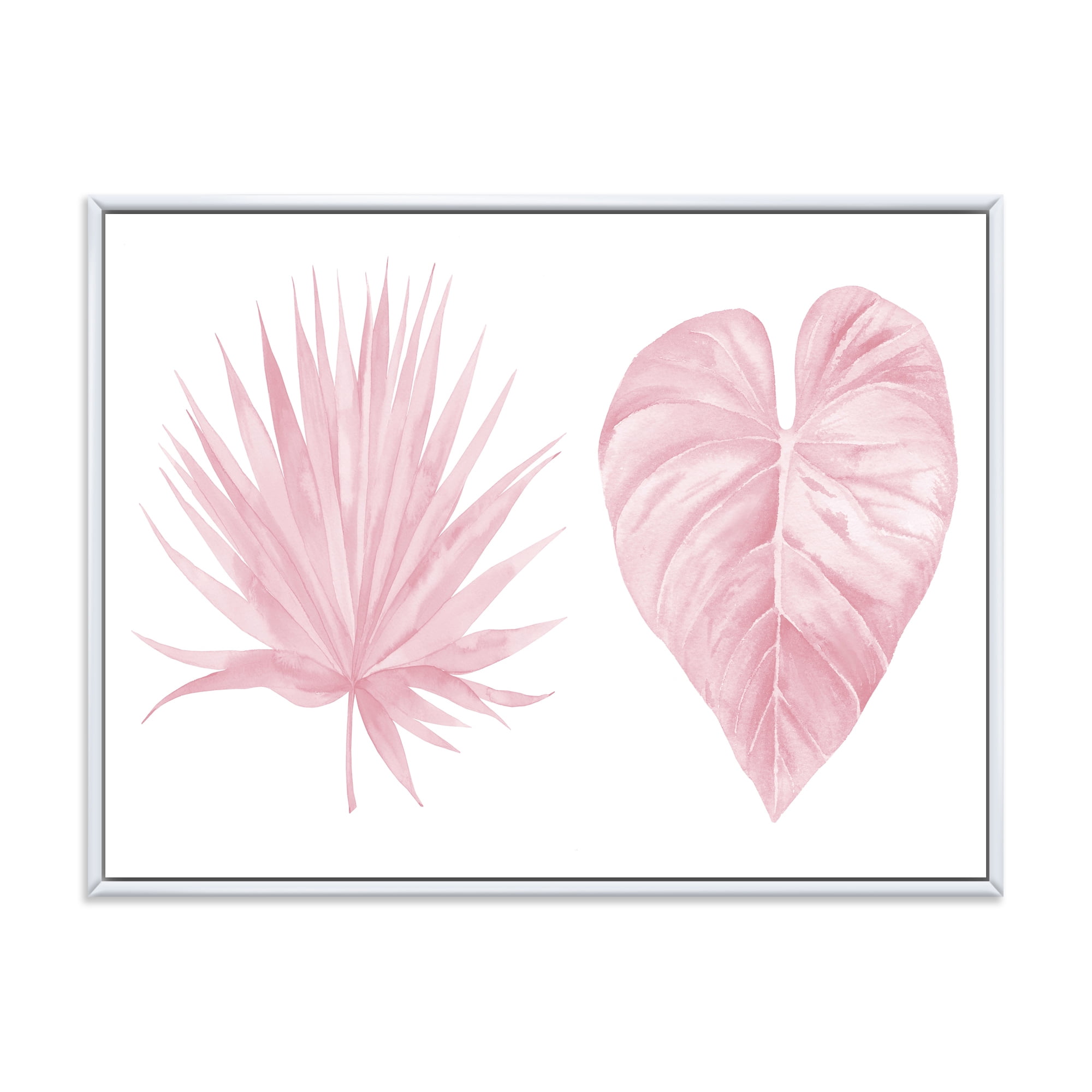 Designart 'Tropical Pink Watercolour Leaves On White II' Shabby Chic Framed Canvas Wall Art Print