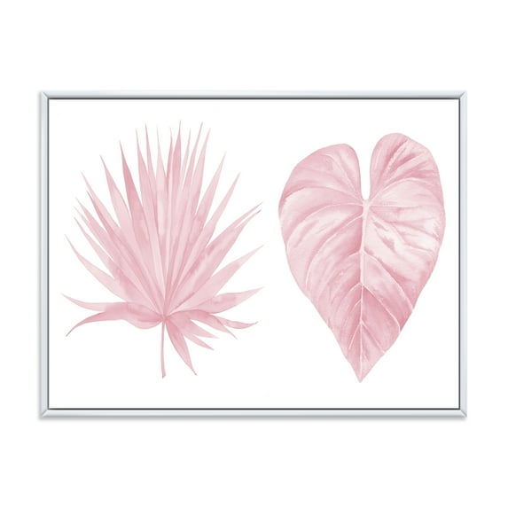 Designart 'Tropical Pink Watercolour Leaves On White II' Shabby Chic Framed Canvas Wall Art Print