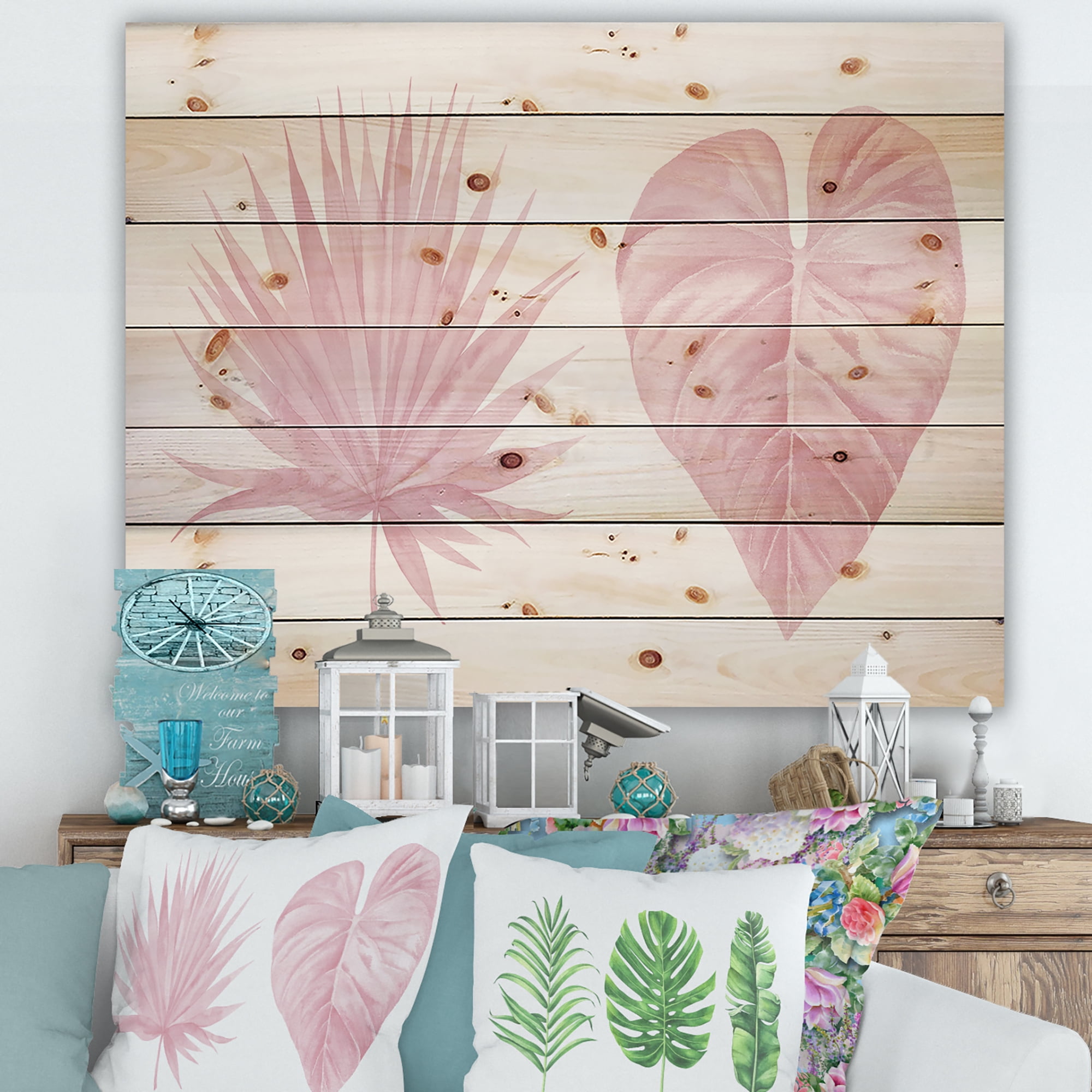 Designart 'Tropical Pink Watercolour Leaves On White II' Shabby Chic Print on Natural Pine Wood