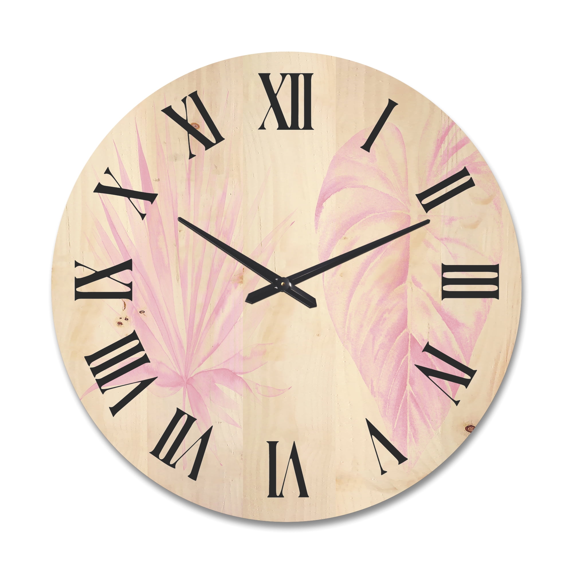 Designart 'Tropical Pink Watercolour Leaves On White II' Shabby Chic Wood Wall Clock
