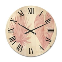 Designart 'Tropical Pink Watercolour Leaves On White II' Shabby Chic Wood Wall Clock