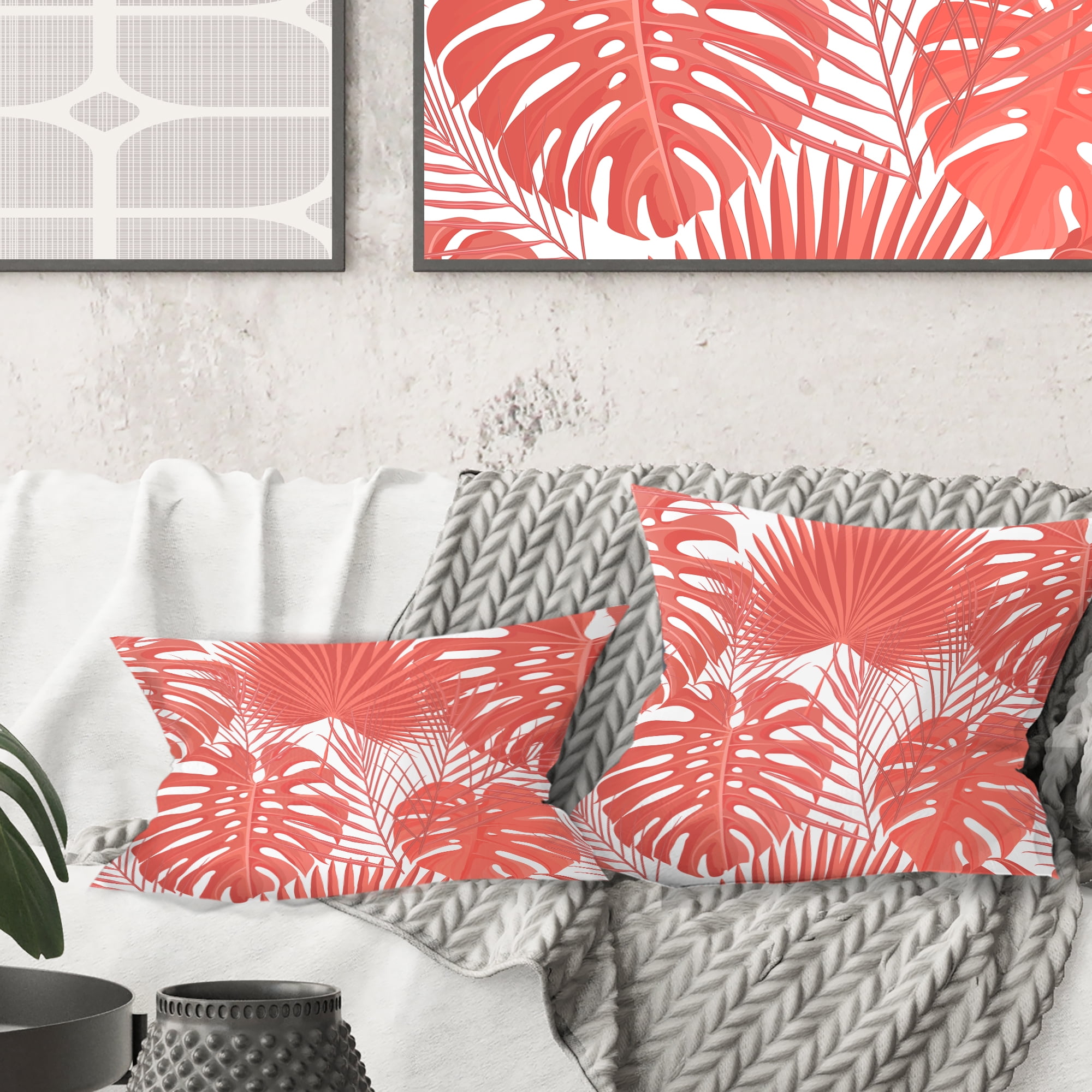 Designart Tropical Retro Foliage Coral I' Mid-Century Modern Throw Pillow - 16x16