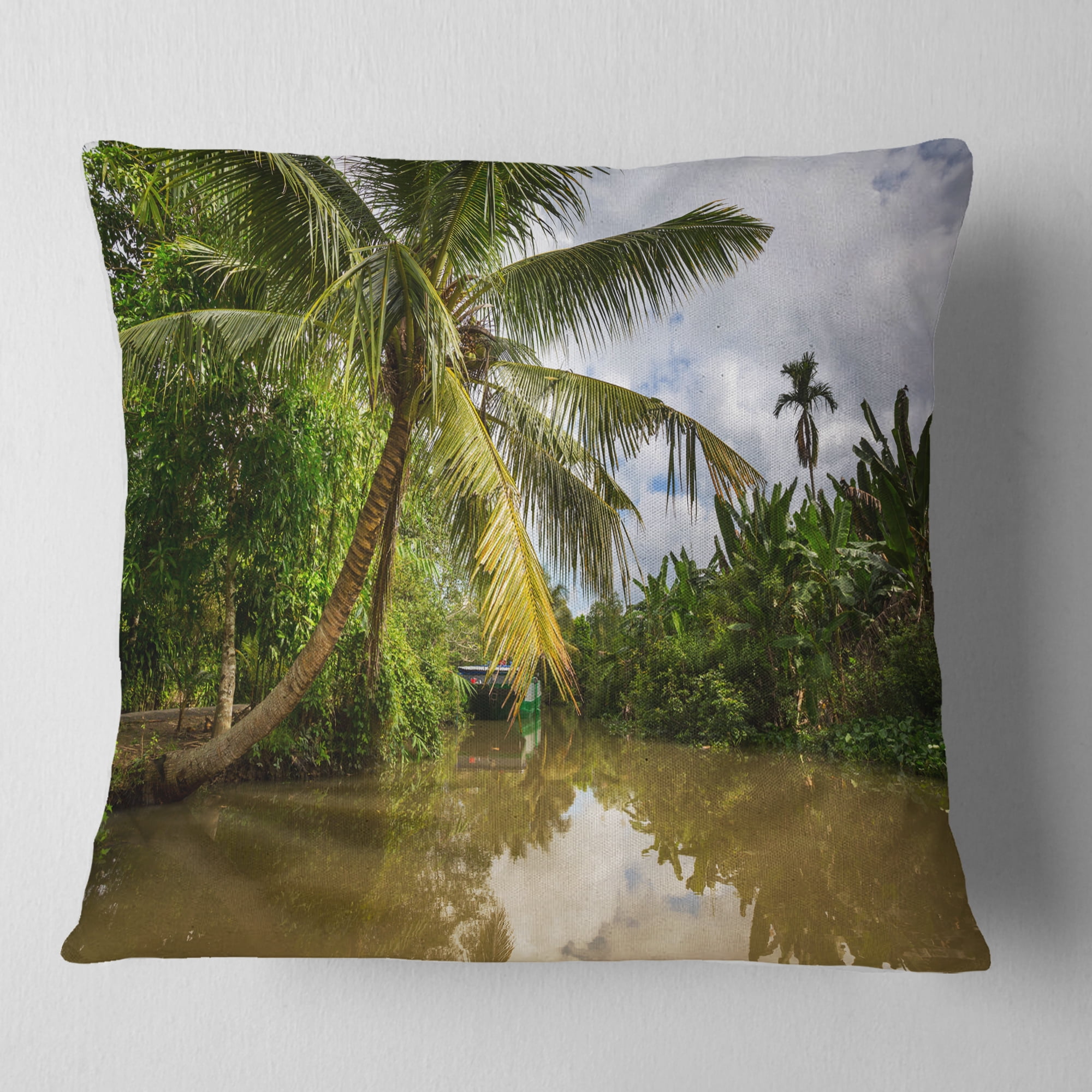 Designart Tropical River with Bent Coconut Palm - Landscape Printed Throw Pillow - 16x16
