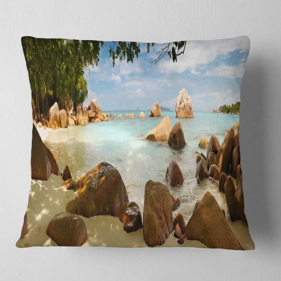 Designart Tropical Rocky Beach Panorama - Landscape Printed Throw Pillow - 16x16