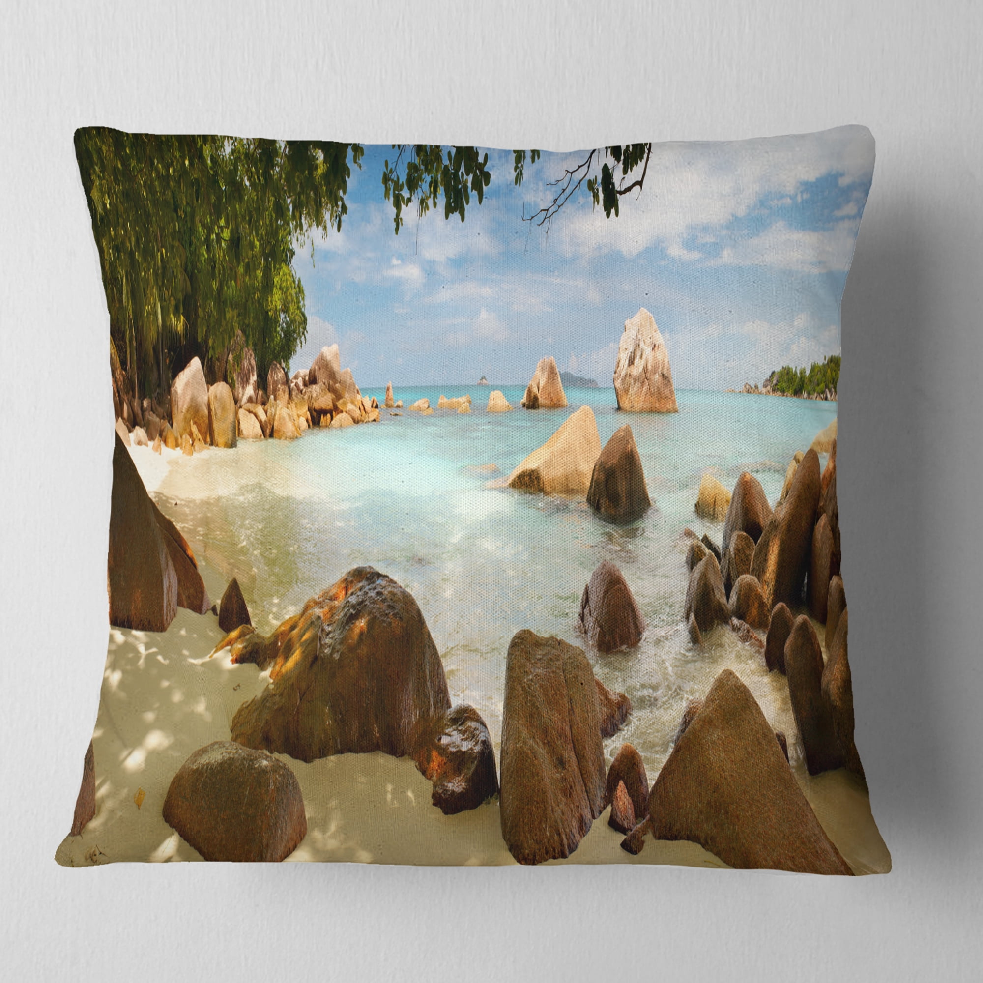 Designart Tropical Rocky Beach Panorama - Landscape Printed Throw Pillow - 18x18
