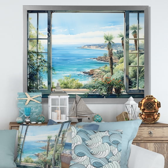 Designart "Tropical Seaside Serenity II" Coastal Framed Wall Art Decor - Coastal Blue Coastal Windows Hallway Framed Wall Art Decor