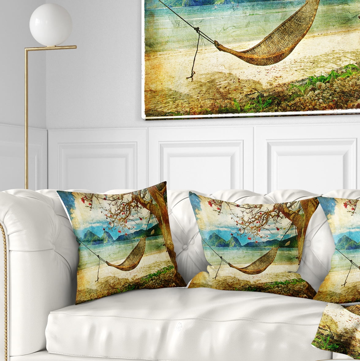 Designart Tropical Sleeping Swing - Digital Art Landscape Printed Throw Pillow - 16x16