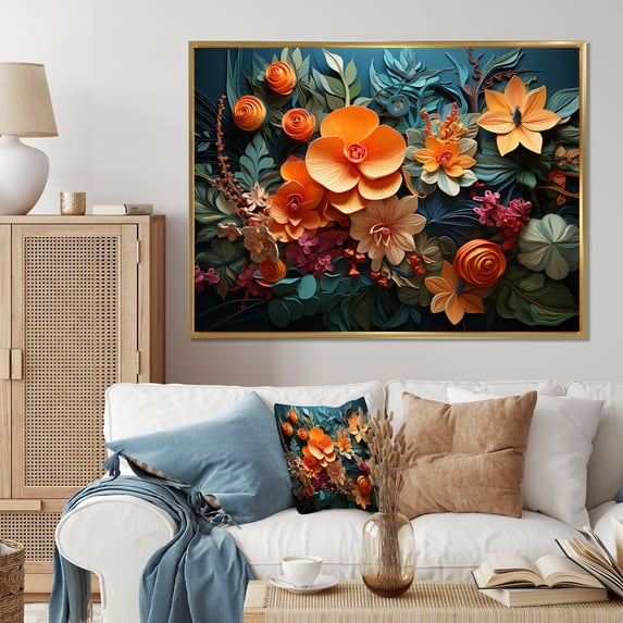 Designart "Tropical Tangle Orange Blue painting V" Abstract Collages Floater Framed Wall Art Print
