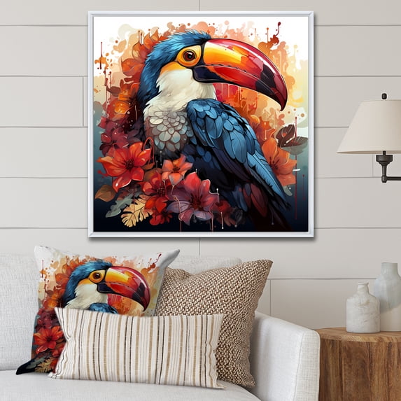 Designart "Tropical Toucans in Blue and Red" Animals Framed Wall Art - Traditional Blue Toucan Hallway Framed Wall Art Decor