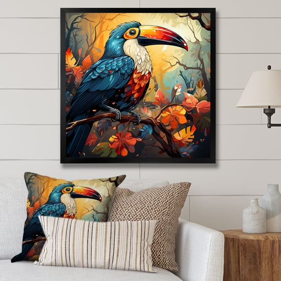 Designart "Tropical Toucans in Blue and Yellow II" Animals Framed Wall Art Decor - Modern Blue Toucan Bedroom Framed Canvas Wall Art