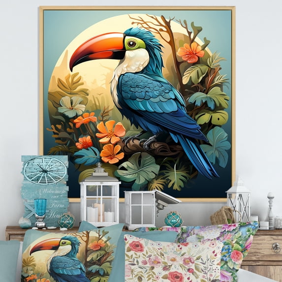 Designart "Tropical Toucans in Blue and Yellow III" Animals Framed Wall Art - Traditional Blue Toucan Entryway Framed Wall Art Print