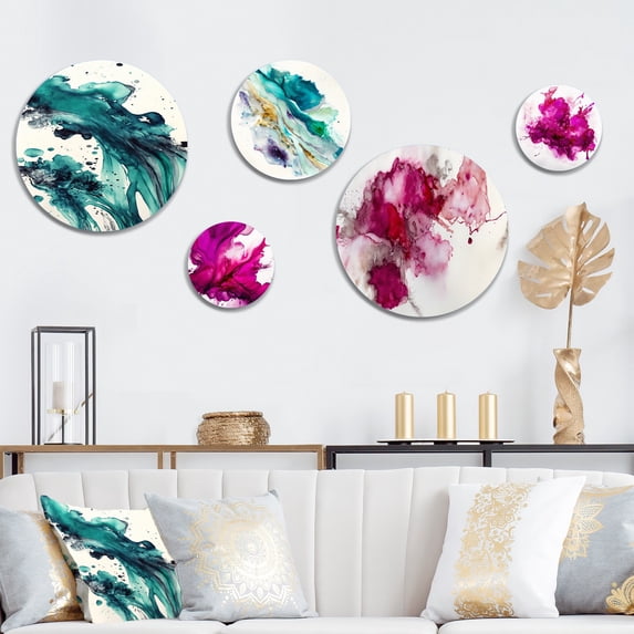 Designart "Tropical Turquoise Joyfulness II" Abstract Liquid Ink Metal Wall Art Set of 5 Piece