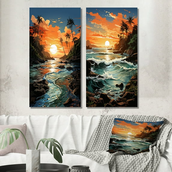 Designart "Tropical Vibes Beach Photo XIV" Coastal Beach Wall Art Set Of 2 - Orange Beach Canvas Set For Living Room Decor