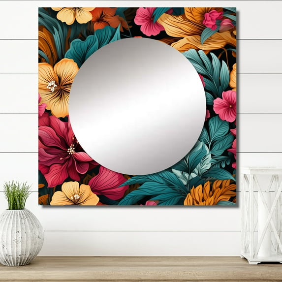 Designart "Tropical Watercolor Melody" floral Square Mirror For Wall Decor - Large Multicolor Square Mirror Printed Wall Decor - Cottage Square Living Room Mirror