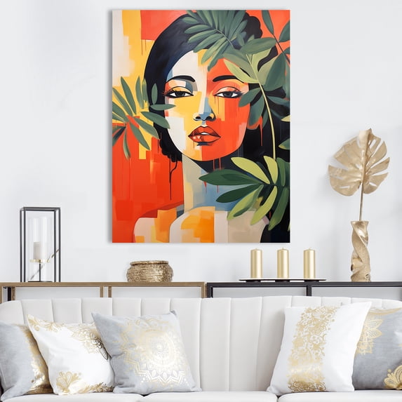 Designart "Tropical Woman Portrait in Minimalist Orange and Green IV" Fashion Canvas Wall Art - Glam Orange Woman Mexican Bedroom Canvas Wall Art