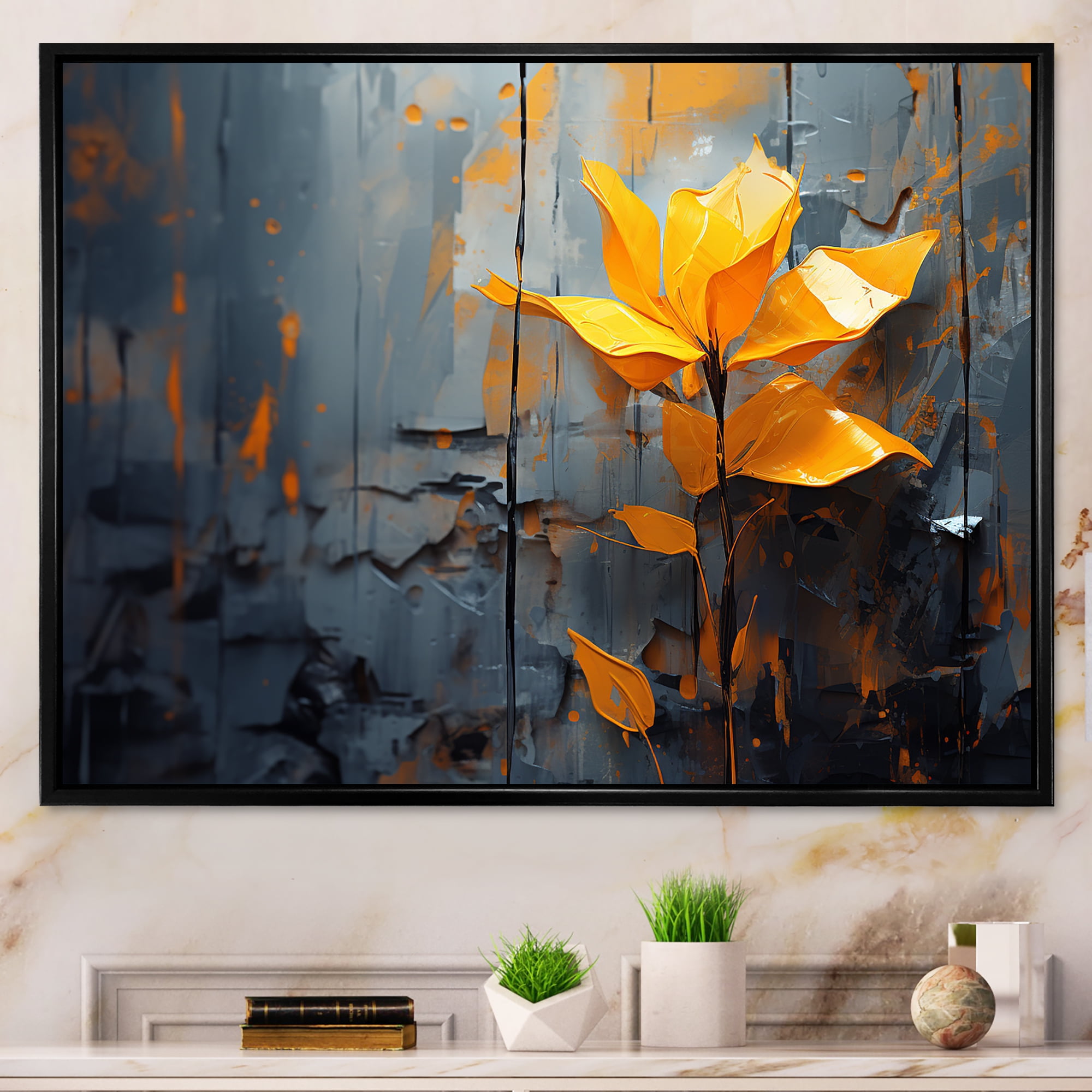 Designart "Tropicale Elegance Yellow and Grey Leaves" Abstract Framed