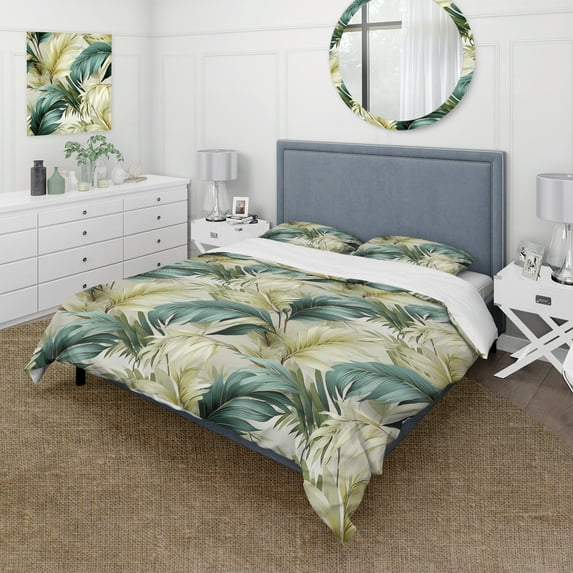 Designart "Tropics In Neutral Tones IV" Green Tropical Bedding Covert Set - Tropical Bed Set With 1 Sham