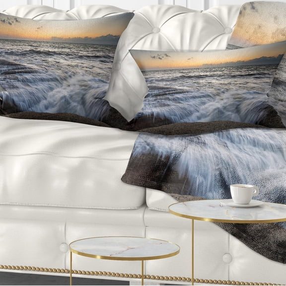 Designart Troubled Sunset Sea Waves - Beach Photo Throw Pillow - 12x20