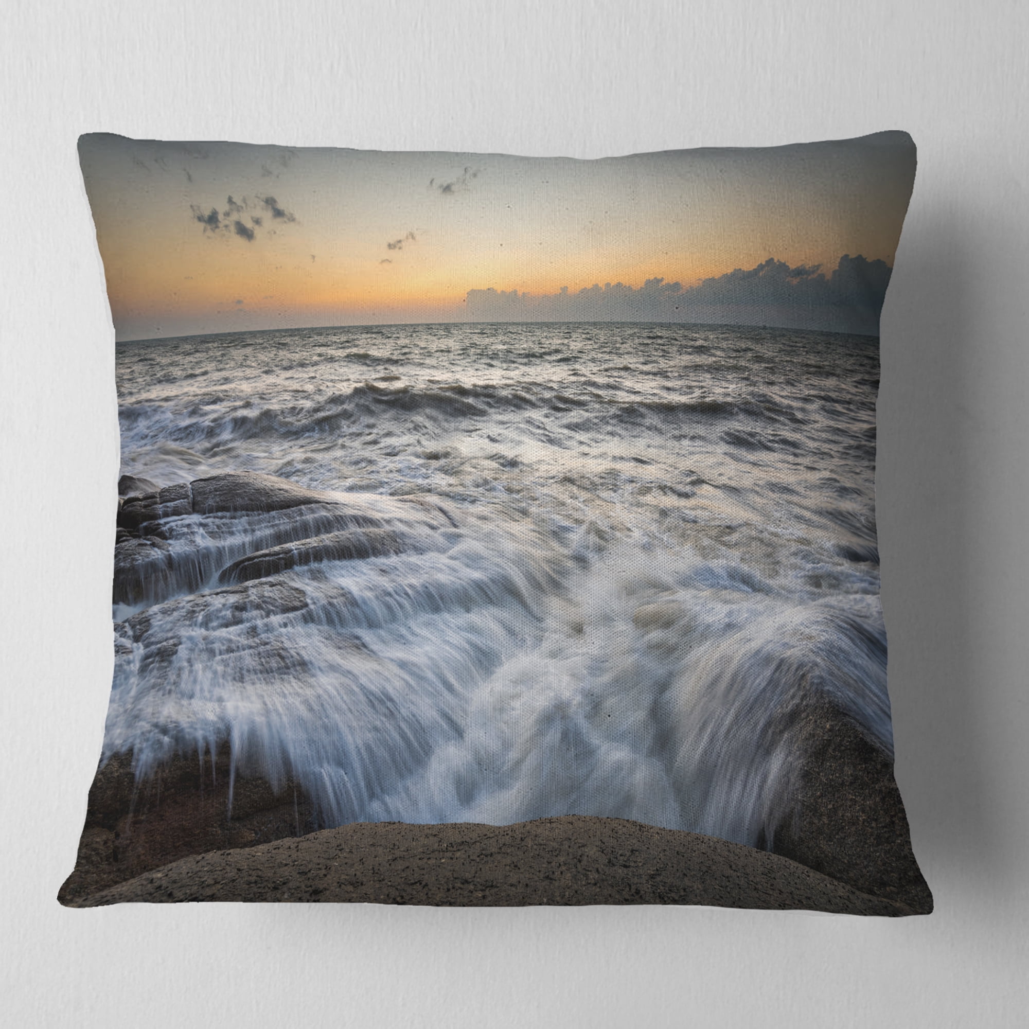 Designart Troubled Sunset Sea Waves - Beach Photo Throw Pillow - 16x16