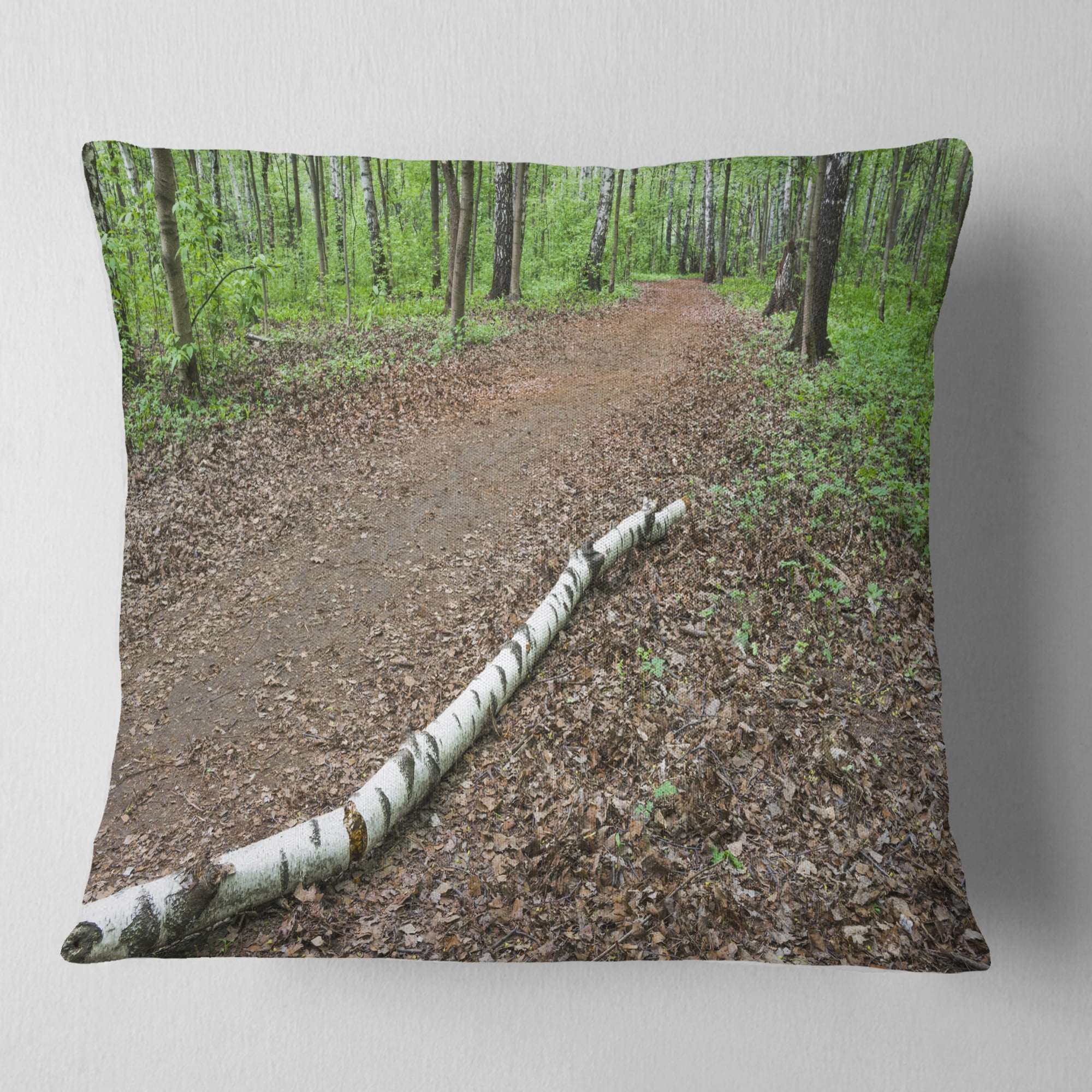 Designart Trunk of Birch on the Track - Contemporary Landscape Printed Throw Pillow - 18x18