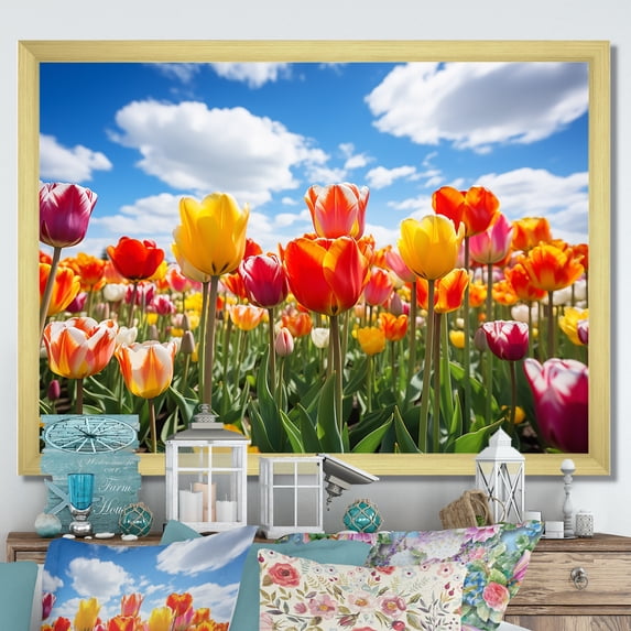Designart "Tulip Symphony Yellow and Orange Beauty" Floral Framed Wall Art Decor - Traditional Yellow Tulip Bedroom Framed Canvas Wall Art