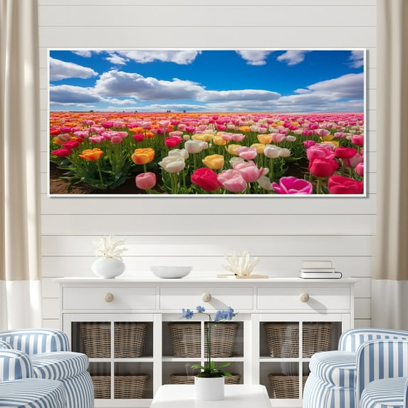 Designart "Tulip Tapestry Pink and Yellow Beauty" Extra Large Floral Framed Wall Art - Traditional Pink Tulip Entryway Framed Wall Art