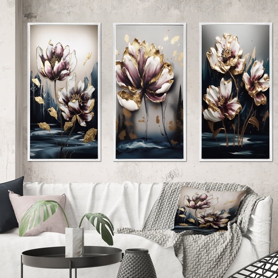 Designart "Tulip Tapestry Purple III" Floral Tulip Framed Wall Art Set Of 3 - Purple Tulip Frame Canvas Set For Living Room Decor
