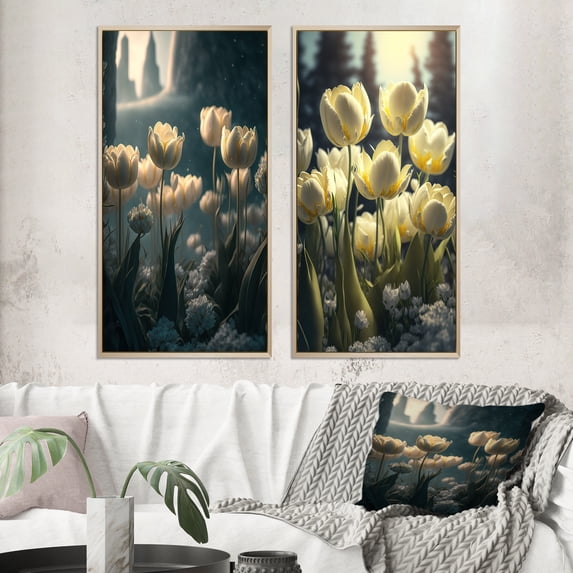 Designart "Tulips Blooming at Dawn I" Floral Tulip Framed Wall Art Set Of 2 - Traditional Cream Gallery Wall Frame Set For Home Decor