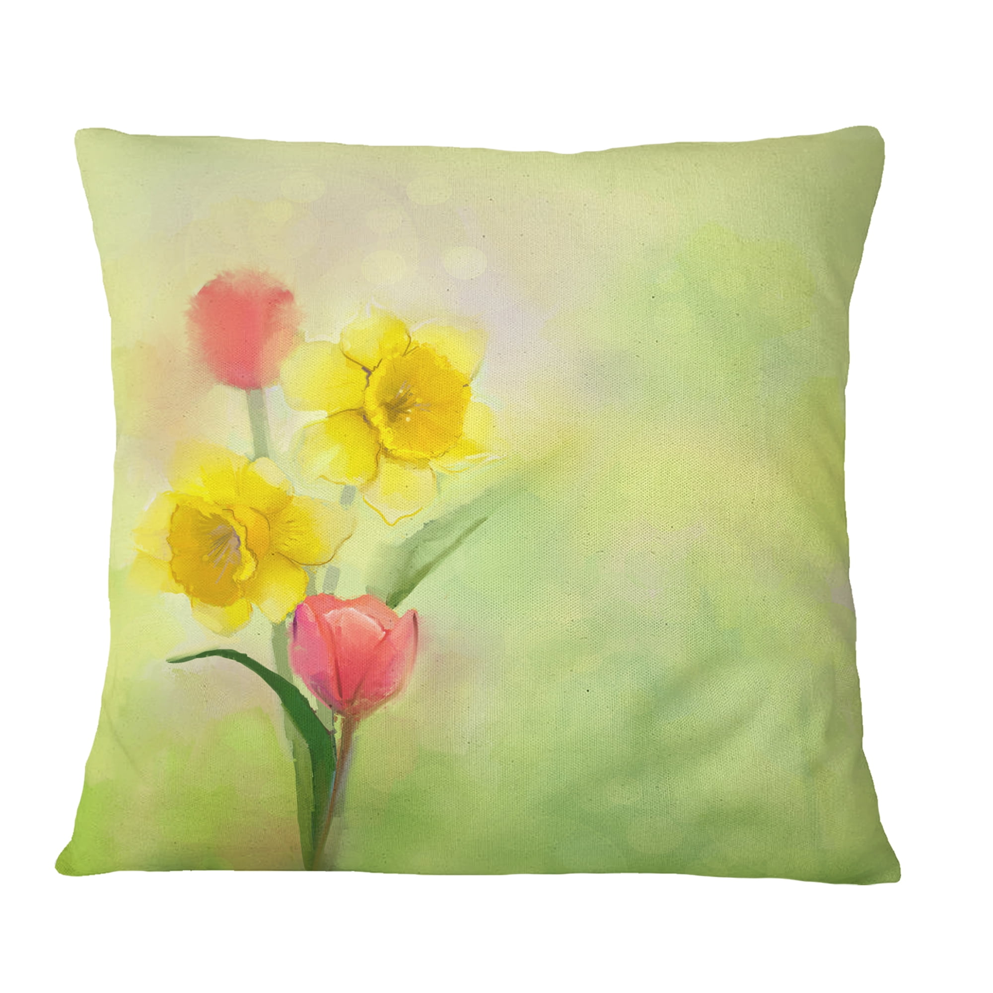 Designart Tulips and Daffodils in Soft Color and Blur - Floral Throw Pillow - 16x16