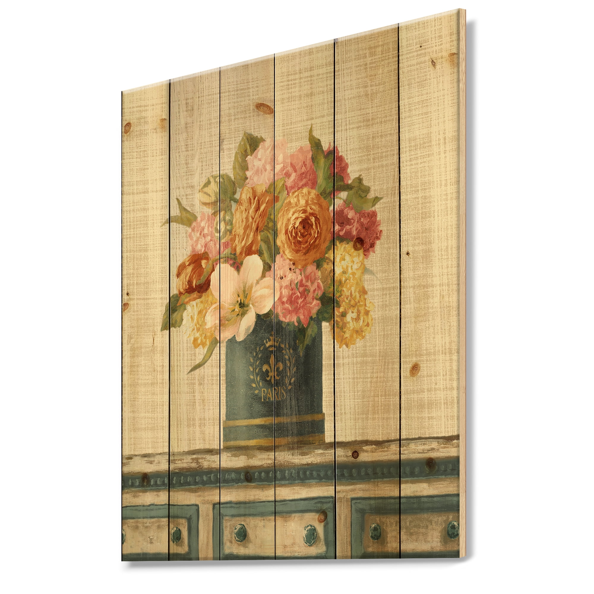 Designart 'Tulips in Gold and Teal and Hatbox on Linen' Cabin & Lodge Print on Natural Pine Wood