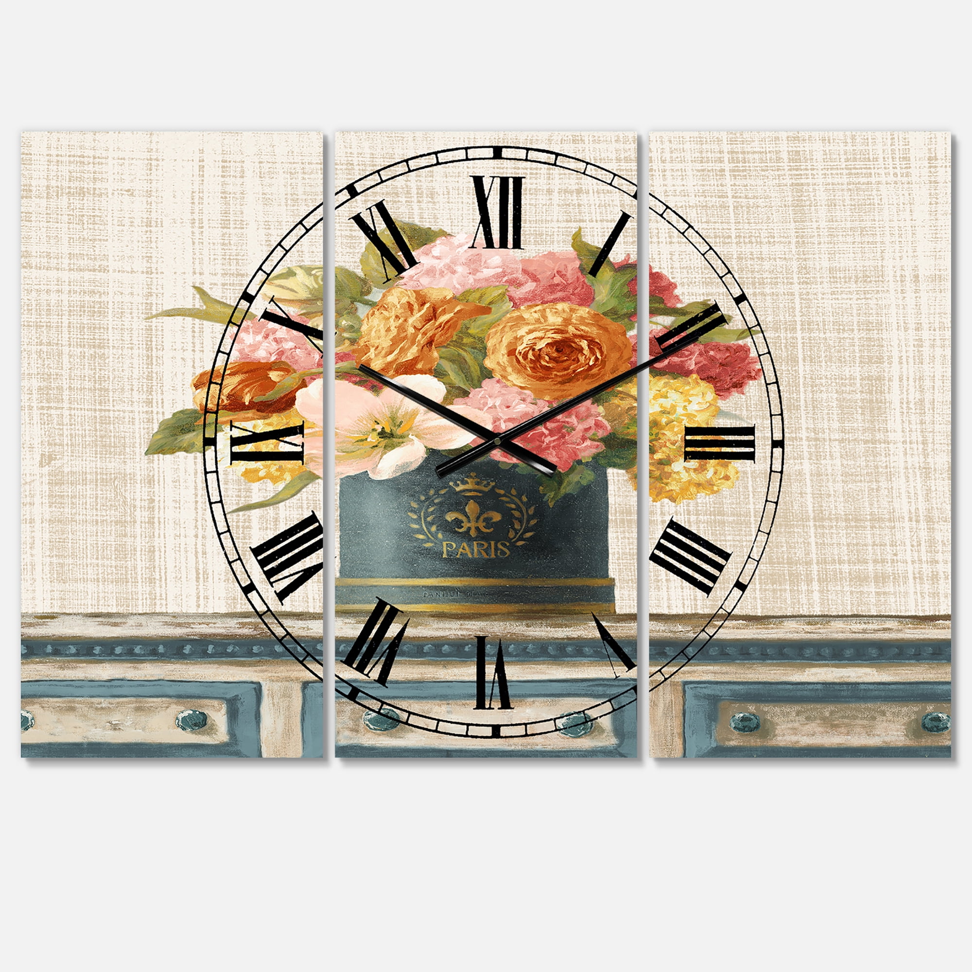 Designart 'Tulips in Teal and Gold Hatbox on Linen' Lodge Wall Clock