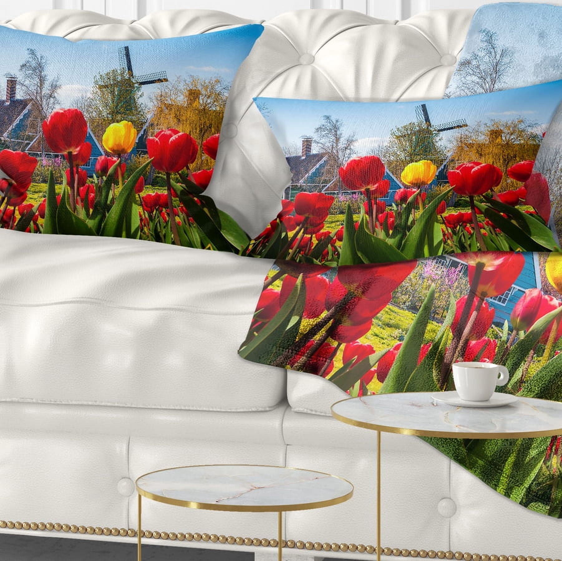 Designart Tulips in the Netherlands Village - Floral Throw Pillow - 12x20