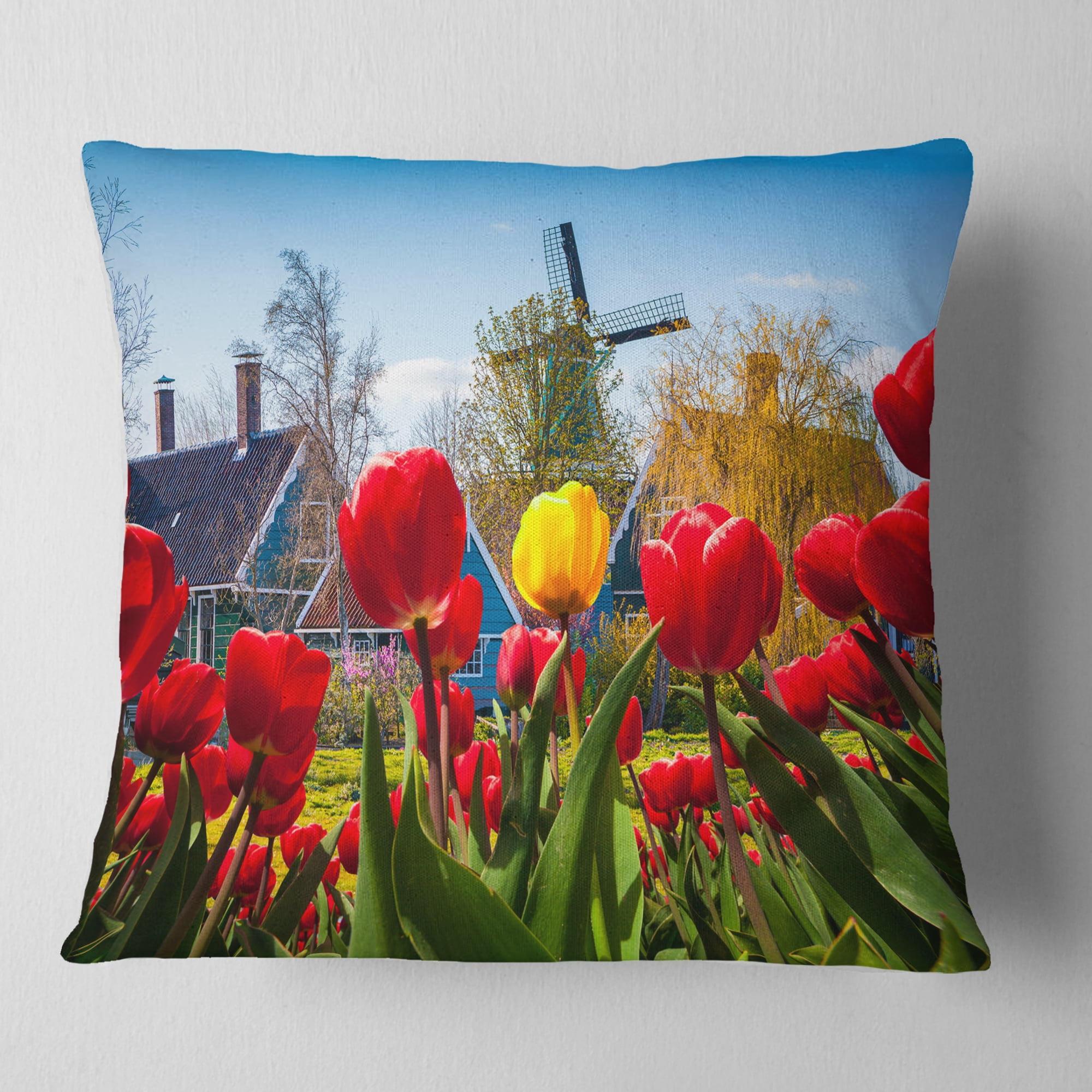 Designart Tulips in the Netherlands Village - Floral Throw Pillow - 16x16