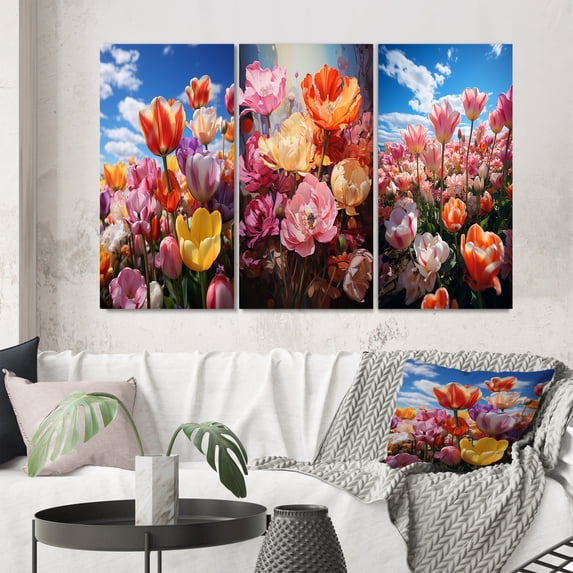 Designart "Tulips landscapes Of Color III" Floral Wall Art Set Of 3 - Multi-Color Tulips Gallery Wall Set For Home Decor
