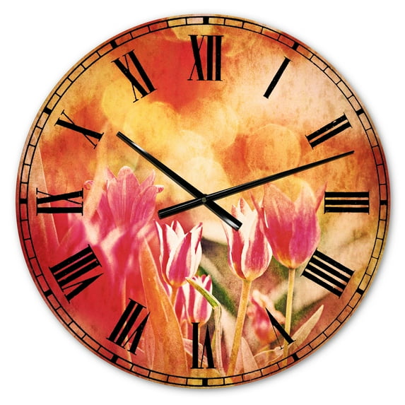 Designart 'Tulips on Abstract Red Background' Traditional Wall Clock
