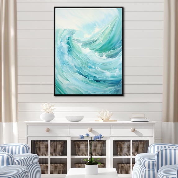 Designart "Turbulent Teal Waves Drama II" Coastal Waves Floater Framed Canvas Prints