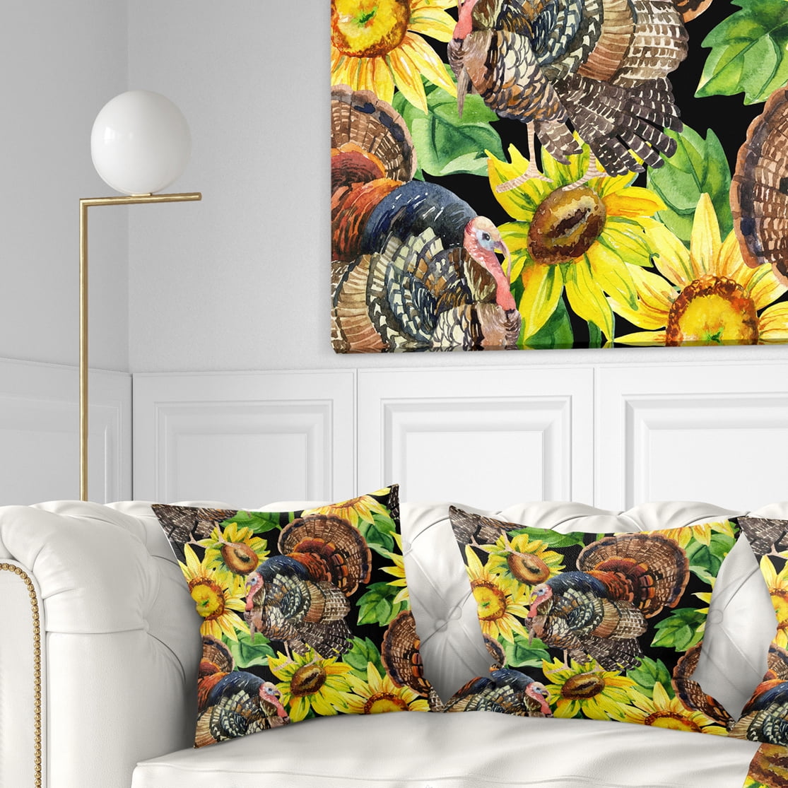 Designart Turkey Bird with Sunflowers - Floral Throw Pillow - 16x16