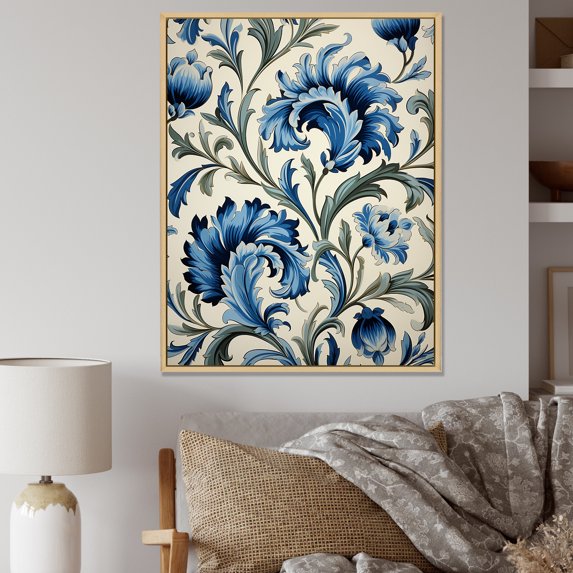 Designart "Turkish Tiles with Blue Florals I" Floral Framed Wall Art - Modern White Abstract Floral Entryway Framed Wall Art