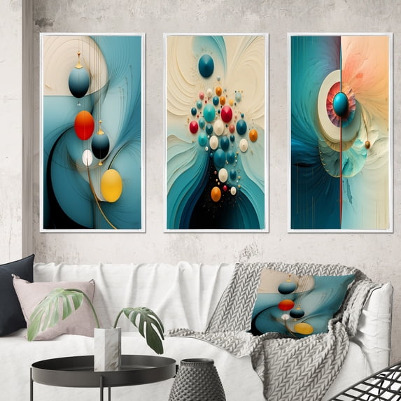 Designart "Turquoise Abstract Retro Wisdom Geometry III" Modern Geometric Framed Wall Art Set Of 3 - Turquoise Abstract Frame Canvas Set For Living Room Decor