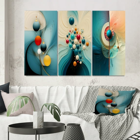 Designart "Turquoise Abstract Retro Wisdom Geometry III" Modern Geometric Wall Art Set Of 3 - Turquoise Abstract Canvas Set For Living Room Decor