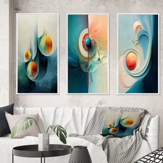 Designart "Turquoise Abstract Retro Wisdom Geometry V" Modern Geometric Framed Wall Art Set Of 3 - Turquoise Abstract Frame Gallery Set For Office Decor