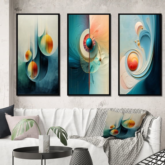 Designart "Turquoise Abstract Retro Wisdom Geometry V" Modern Geometric Framed Wall Art Set Of 3 - Turquoise Abstract Frame Gallery Set For Office Decor