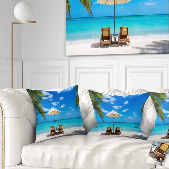 Designart Turquoise Beach with Chairs - Seashore Photo Throw Pillow - 16x16