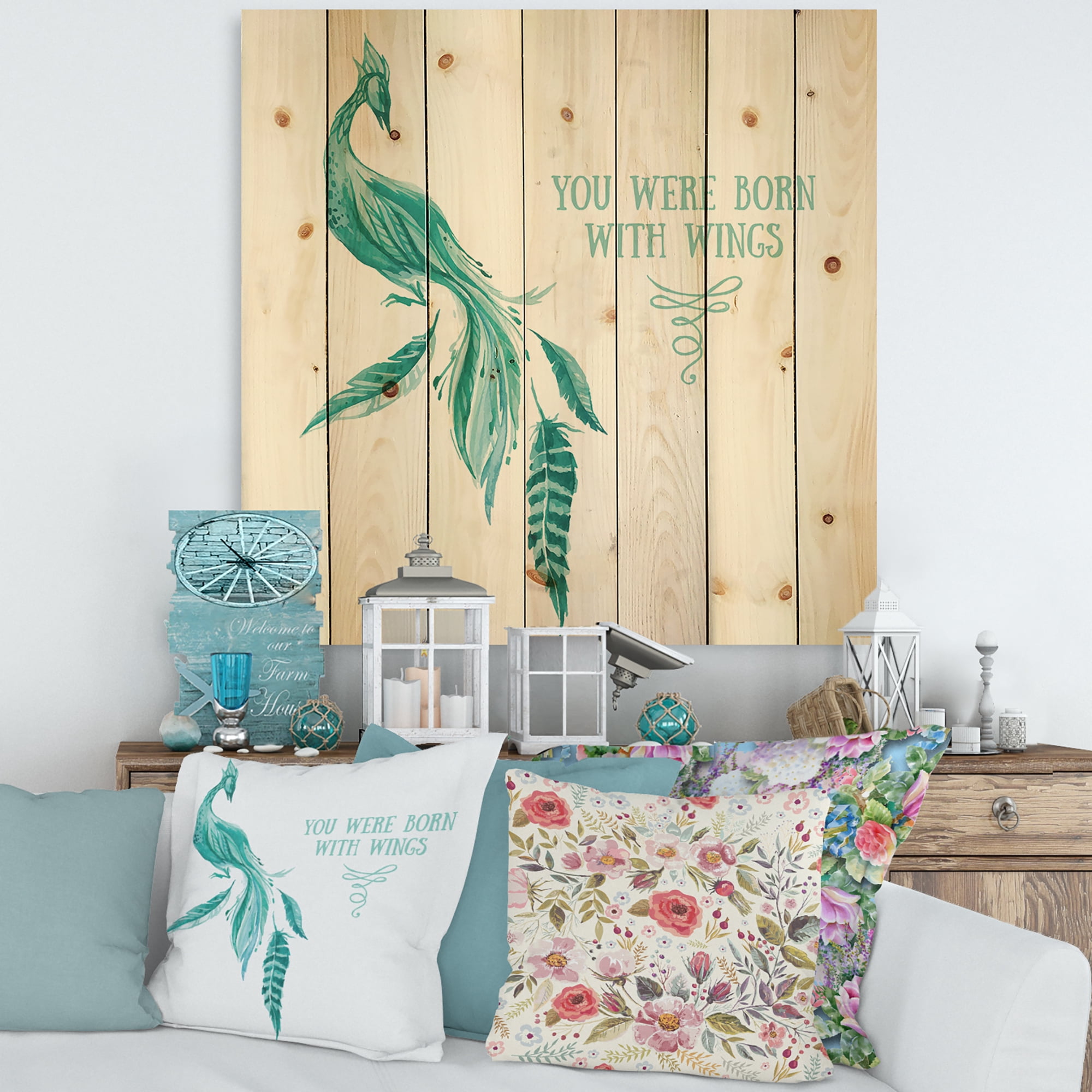 Designart 'Turquoise Bird You Were Born With Wings' Traditional Print on Natural Pine Wood