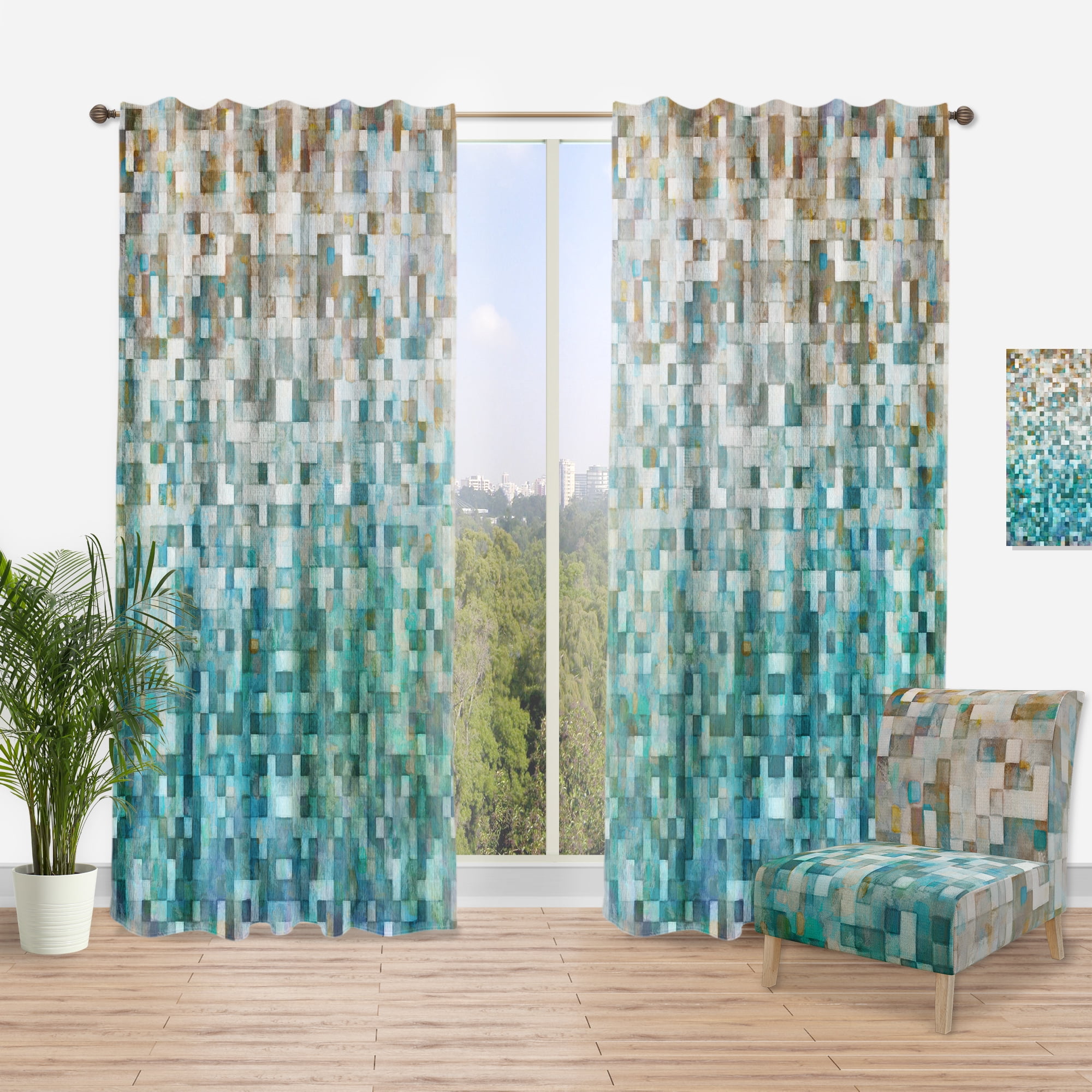 Designart 'Turquoise Blocked Abstract II' Modern Curtain Panel