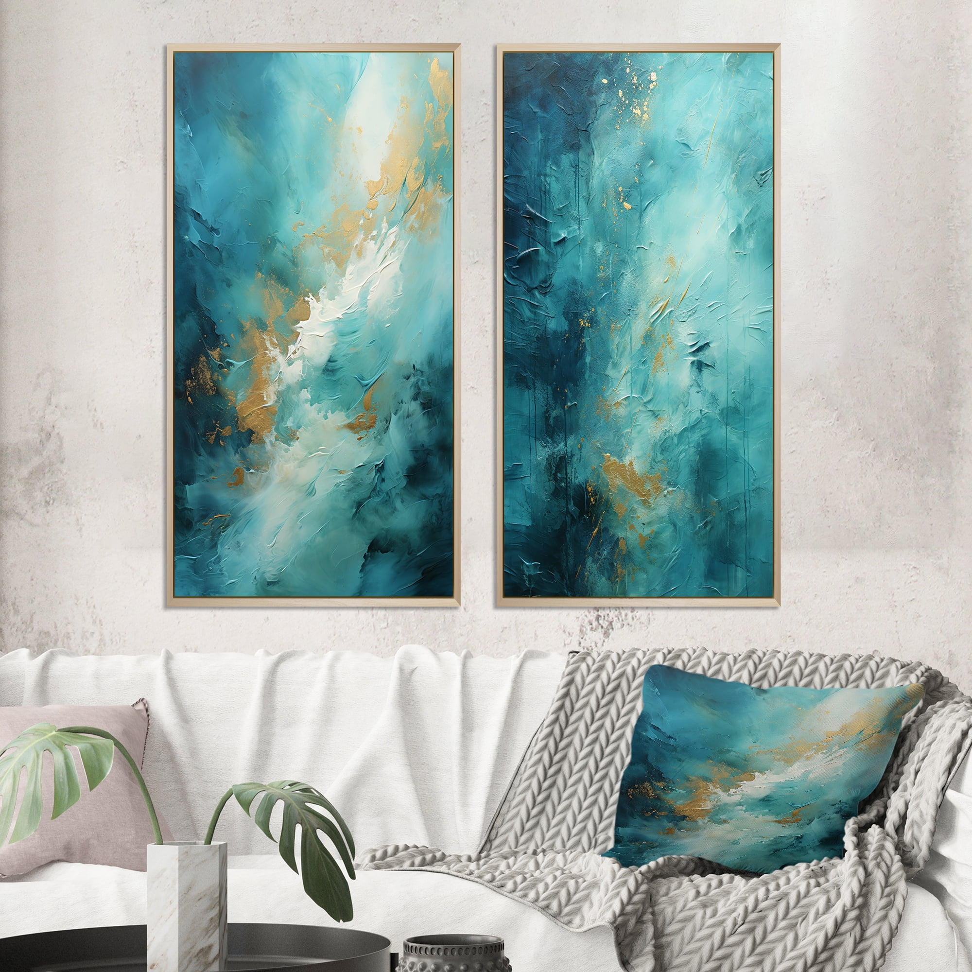 Turquoise and Gold Abstract Landscape Canvas Art Set with Maple Frame