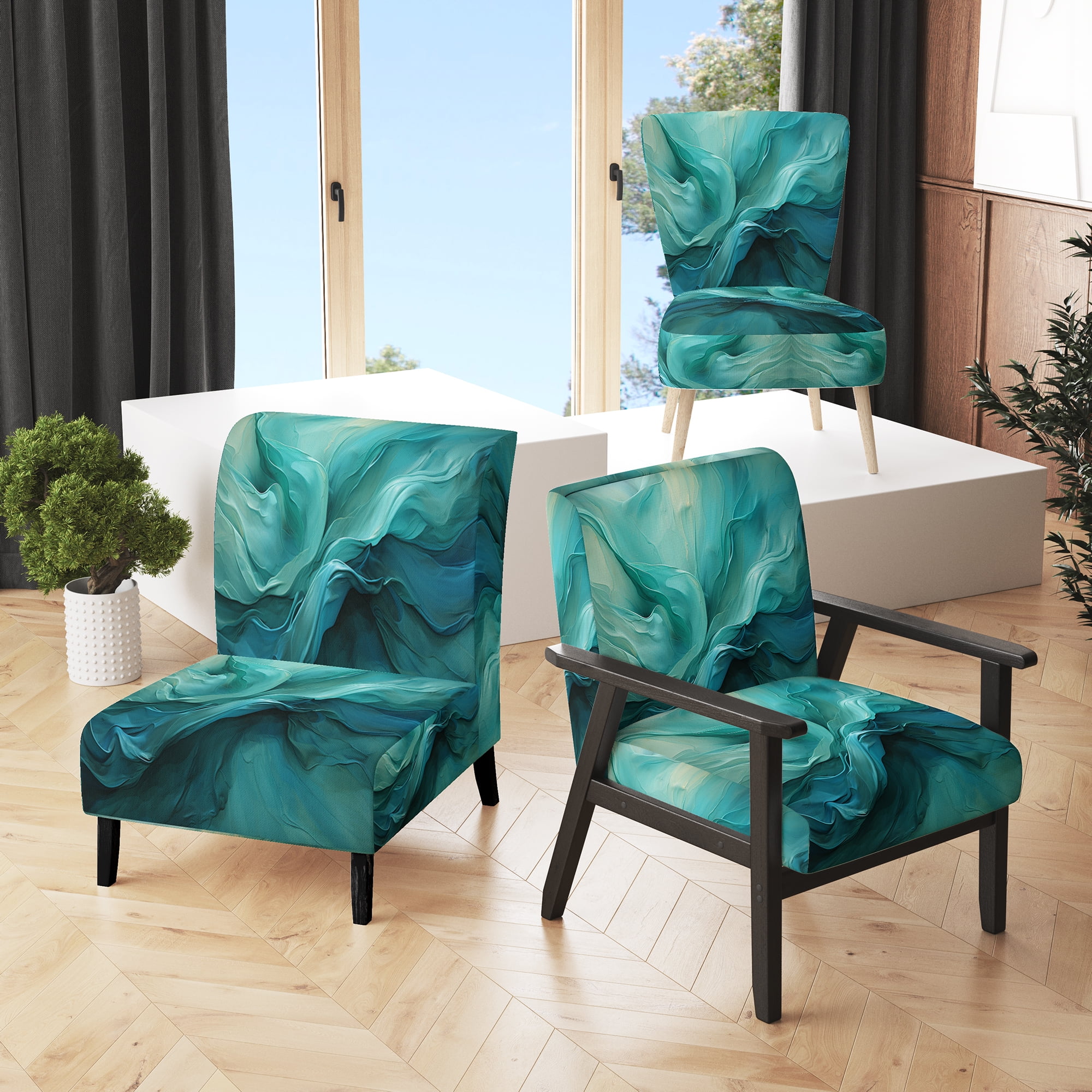 Designart Turquoise Calm V Teal Abstract Landscape Upholstered Accent Chair Modern Arm Chair For Bedroom