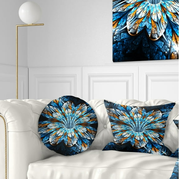 Designart Turquoise Fractal Flower in Dark - Floral Throw Pillow - 12x20