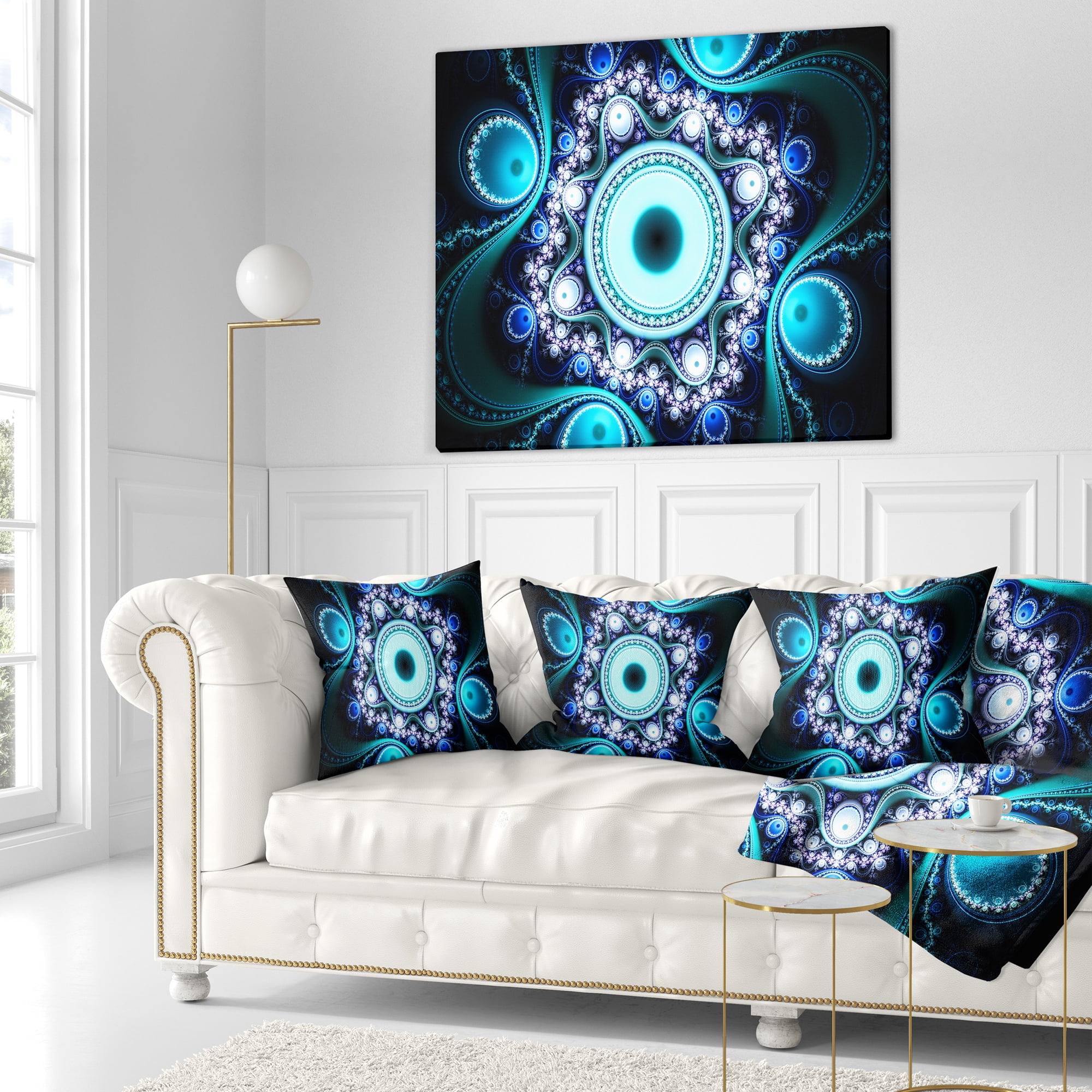 Designart Turquoise Fractal Pattern with Circles - Abstract Throw Pillow - 16x16
